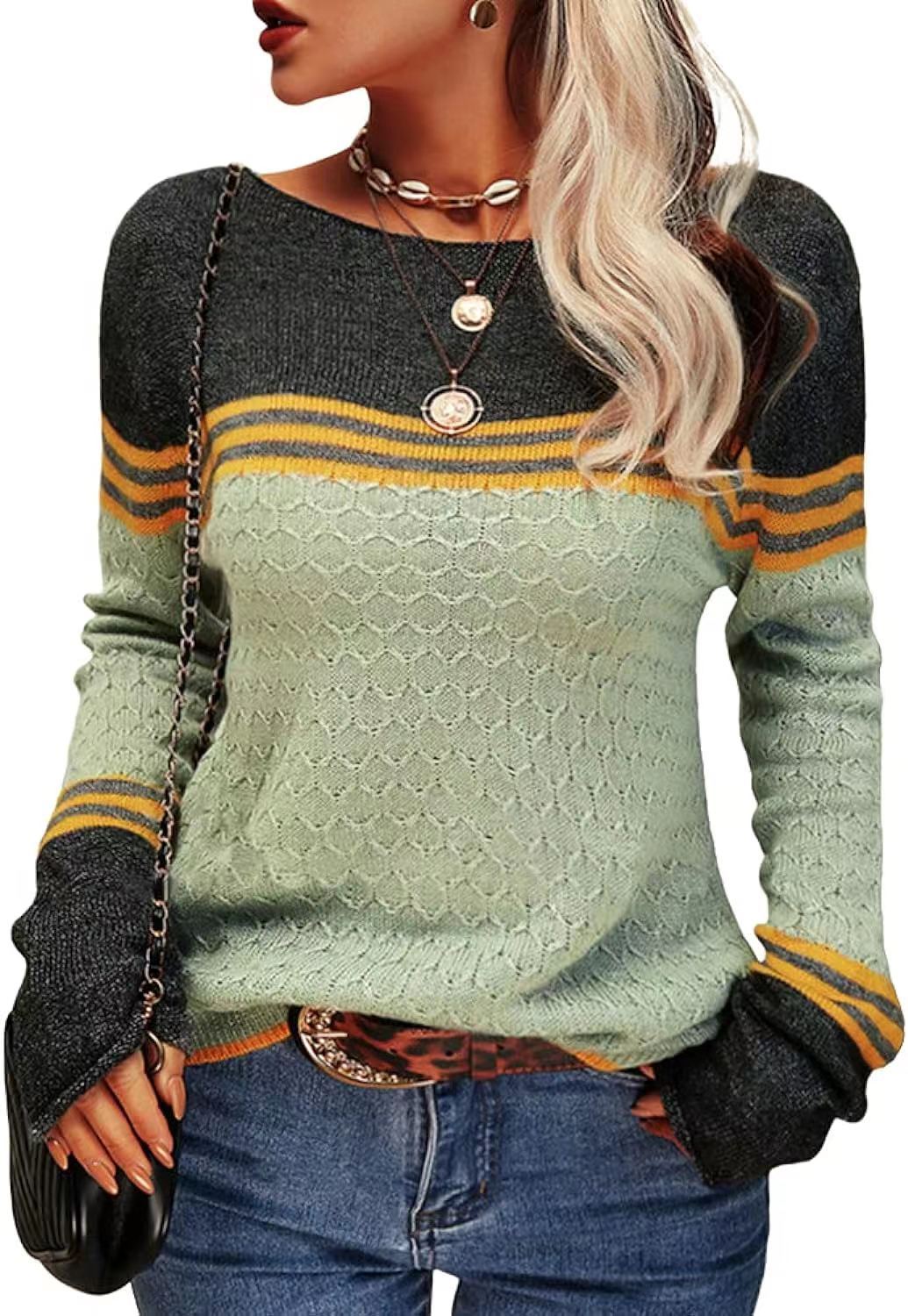 Foreign Trade Crocheted Long-Sleeved Top Striped Color-Block Crew Neck Knitted Sweater
