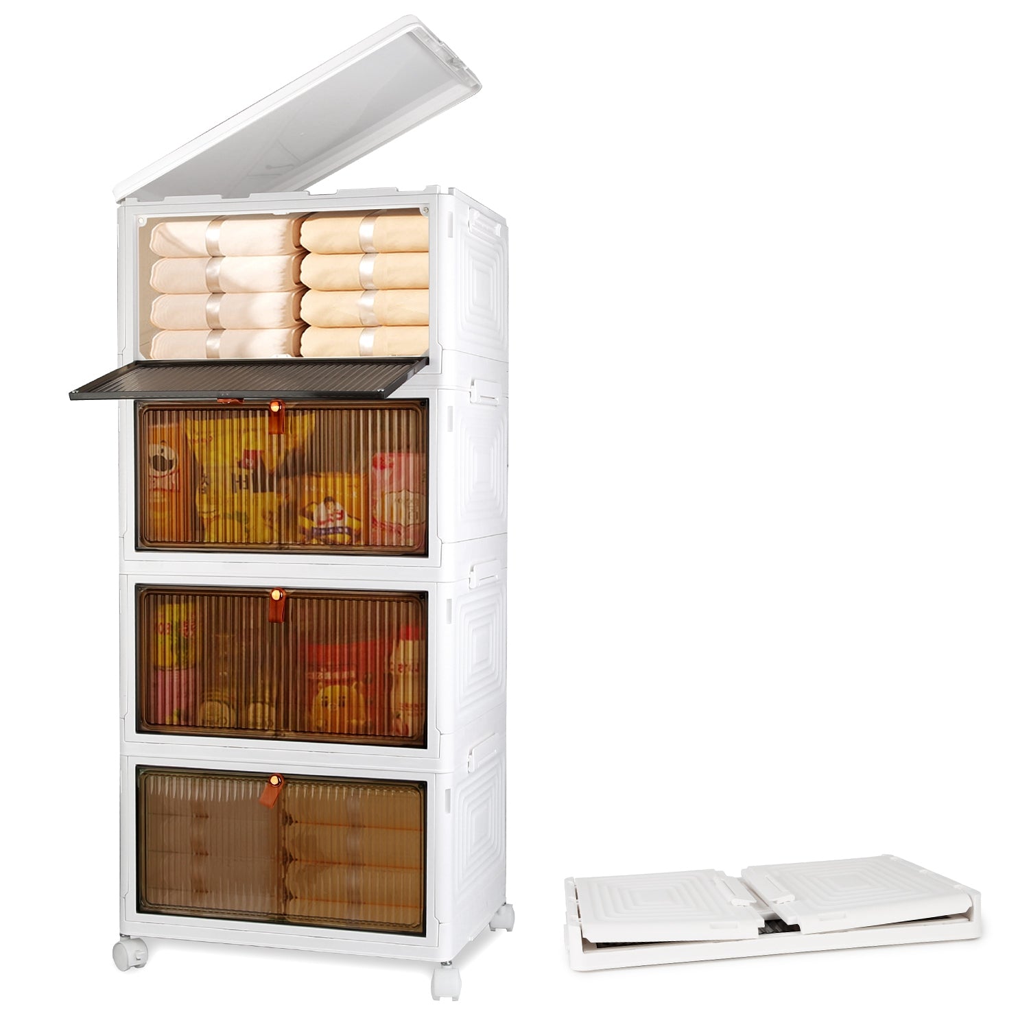 4Pc Foldable Storage Bins With Lid Front Magnetic Door Collapsible Stackable Closet Organizer Containers With 4Pcs 360 Degree Rotatable Wheels