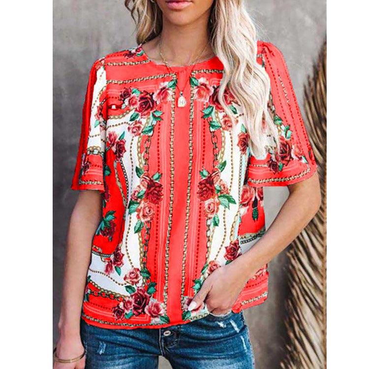 Women's Fashion Round Neck Short Sleeve T-Shirt Print Top