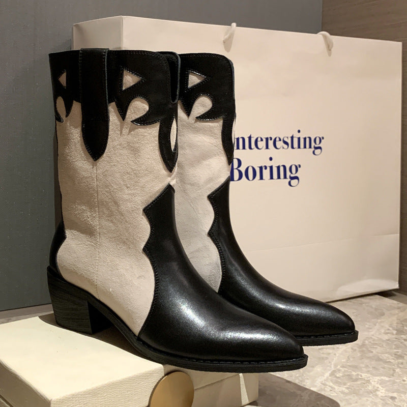 Fashion Low-Heel Pointed Toe Milk Pattern Ankle Boots