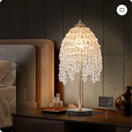 19 Inch Height Elegant Crystal Table Lamp   Vintage Waterfall Design With Teardrop Grape Crystal Bead String Shades And Marble Textured Base For Living Room, Bedroom, Or Office  Bulb Not Included