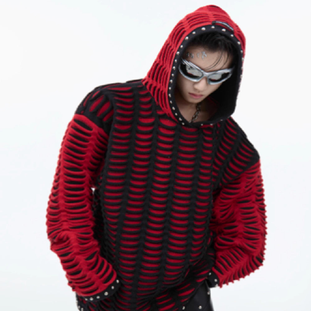 Contrast Color Knitted Hooded Sweatshirt With Metal Rivets For Women