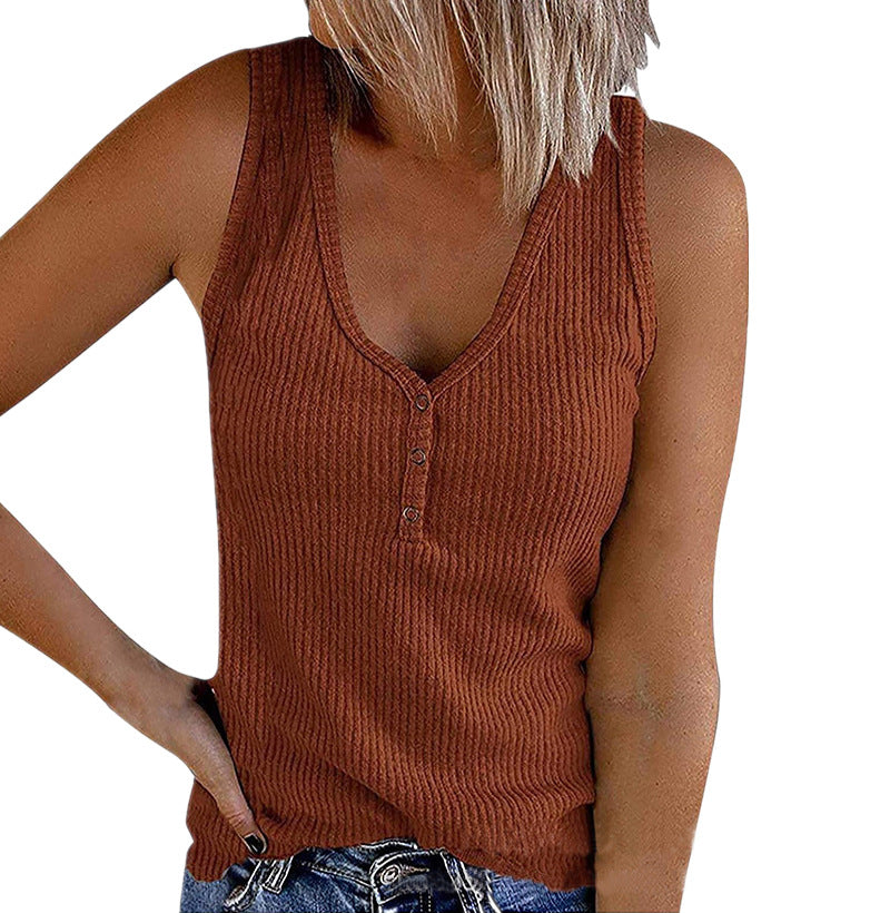 Summer New Women's Button Vest V-Neck Sleeveless T-shirt