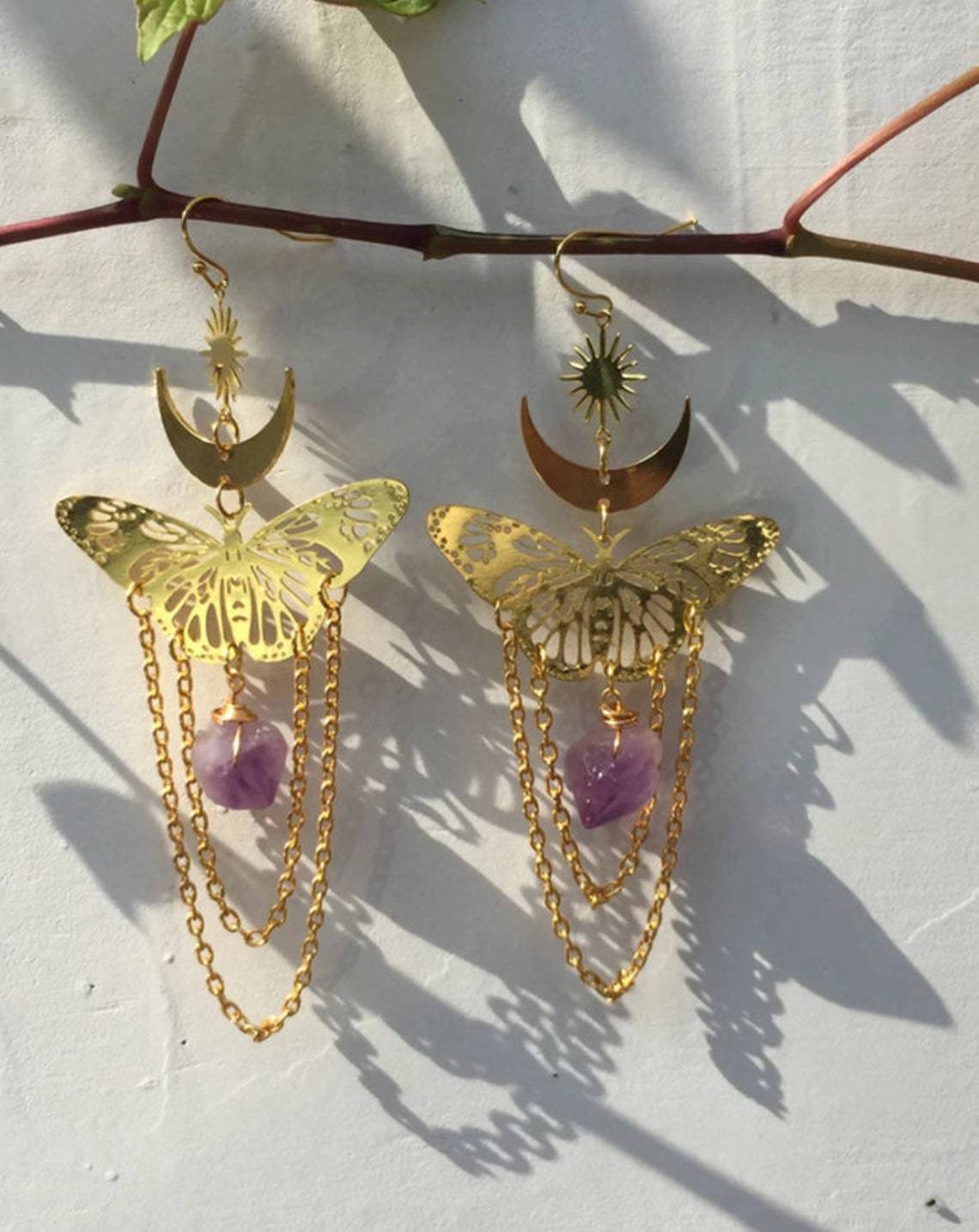 Butterfly Amethyst Day Moon Earrings