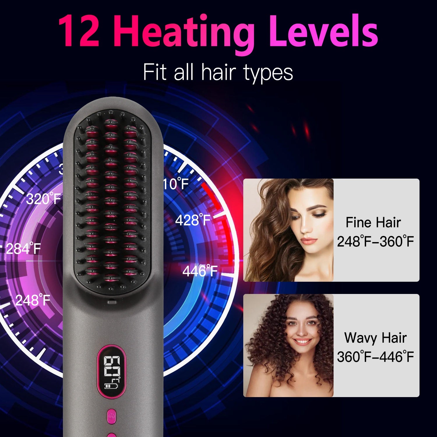 Grey-Black Options -- 1Pc Cordless Negative Ion Hair Straightener Brush Rechargeable Mini Styling Comb With 12 Heating Levels Anti-scald 30S Preheating 30Mins Auto Sleep LCD Display