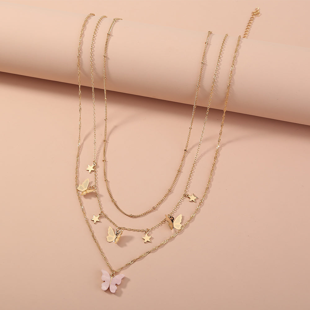 Simple Temperament Net Red Multi-Layer Butterfly Three-Layer Necklace Female South Korea Metal Star Multi-Layer Necklace INS Clavicle Chain