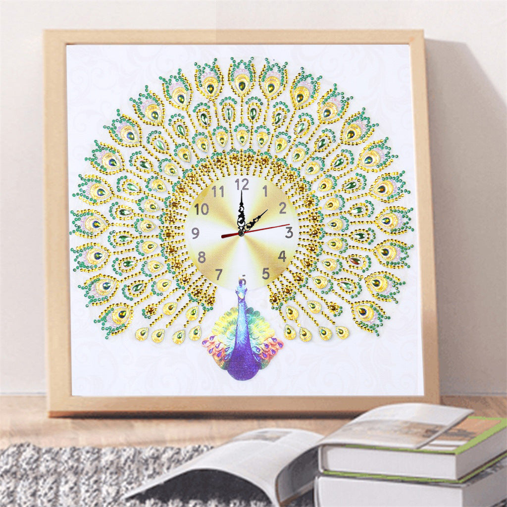 Non-Full Diamond Special-Shaped Brick Stone Embroidery Peacock Creative Clocks Diamond Painting