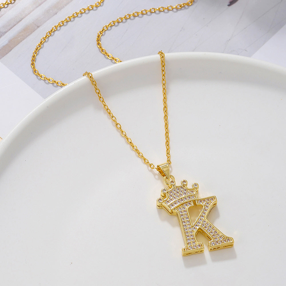 1PCS Fashionable Gold Diamond Crown Uppercase Letter Popular Pendant Necklace, Suitable For Daily Use, Festivals, Parties, Gifts Jewelry Set
