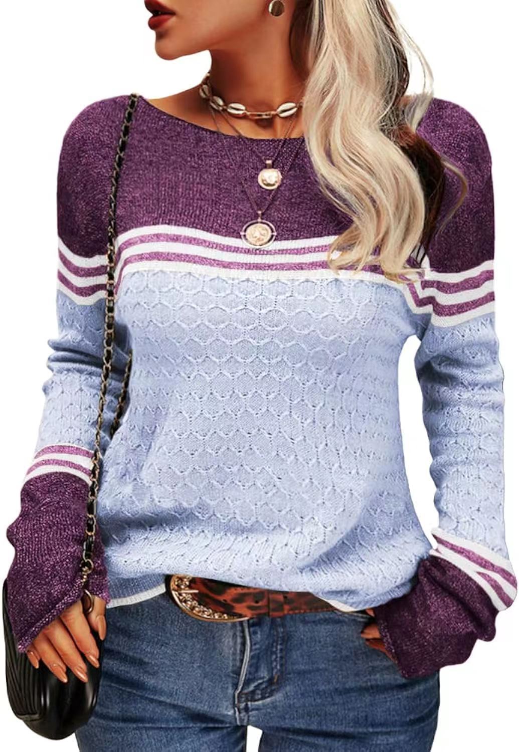 Foreign Trade Crocheted Long-Sleeved Top Striped Color-Block Crew Neck Knitted Sweater