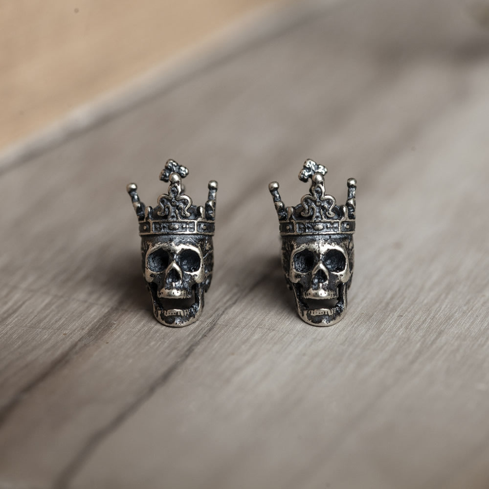 Silver Skull King Crown Vintage Earrings
