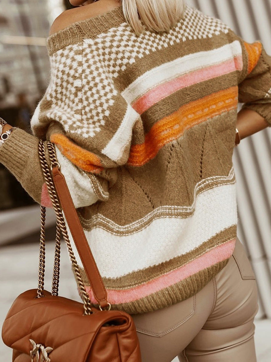 Winter Striped Colored Pullover Sweater Women's Knitted Jacquard Texture Top