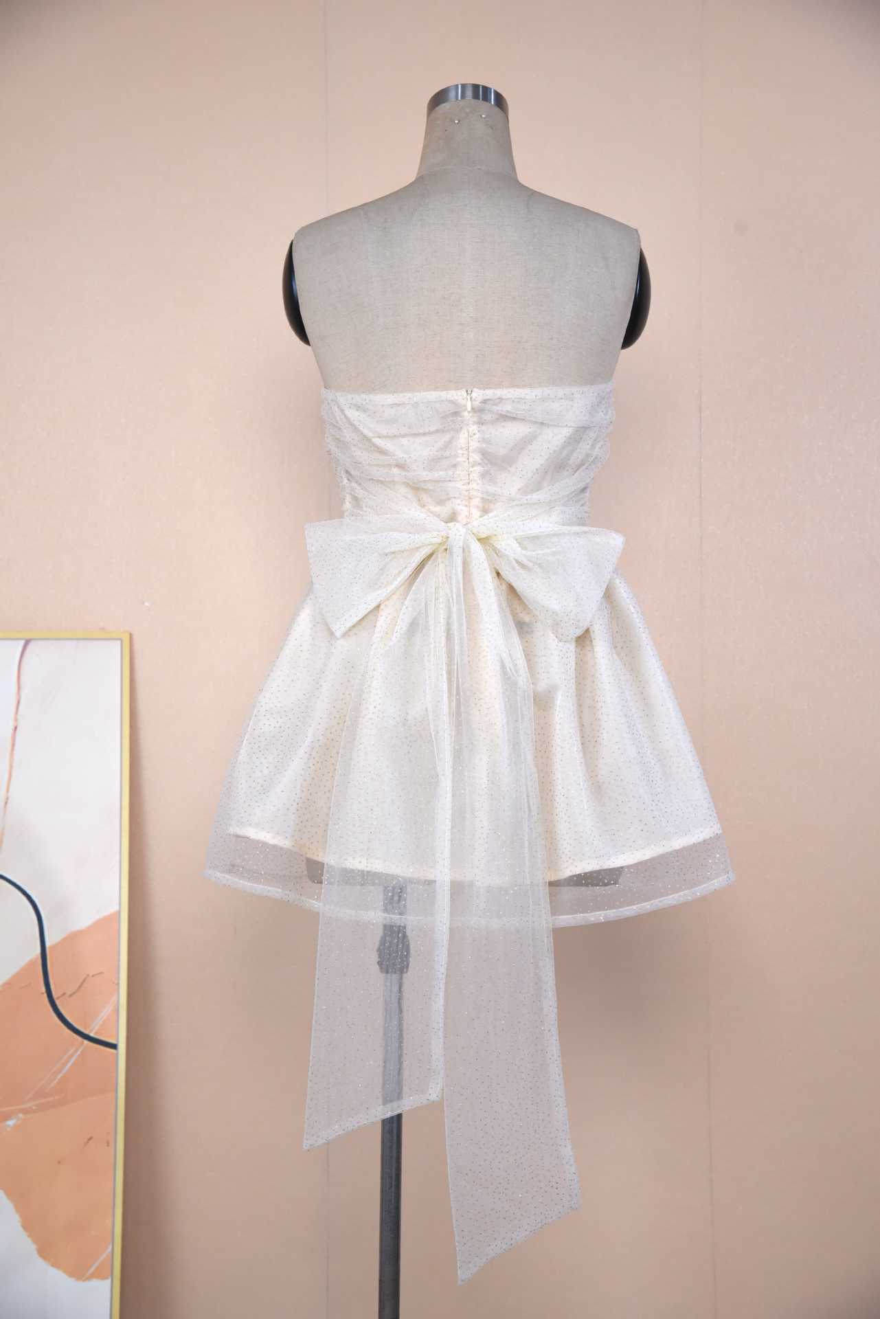 Tube Top Lace Dress With Back Bow-Knot Summer Fashion Temperament Mesh Stitching Off-Neck Short Skirt
