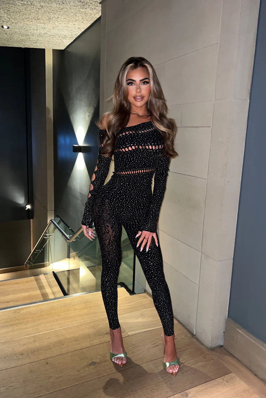 One-Piece Long Sleeves Hot Rhinestone Shiny Fishnet Clothes Sexy Lingerie