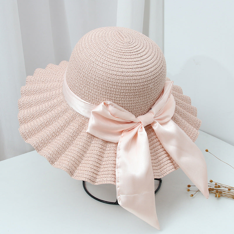 Wide-Brimmed Holiday Beach Hat With Shell Pattern Big Bow