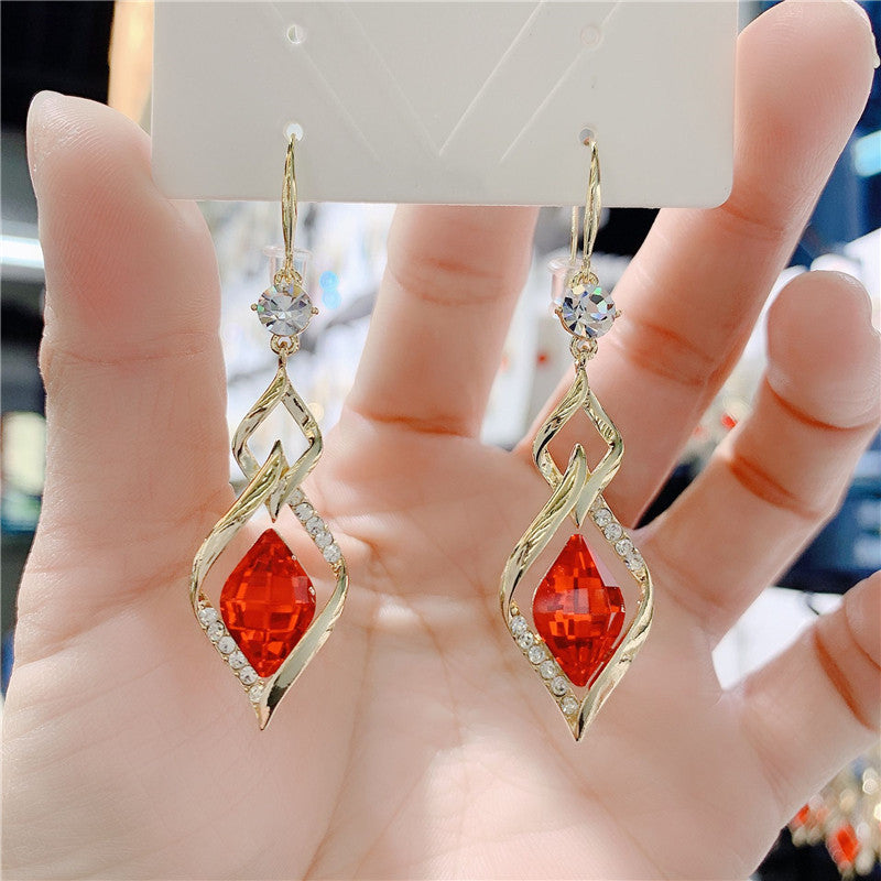 Geometric Diamond Crystal Temperament Long Style Diamond Fashion Mesh Red Earrings