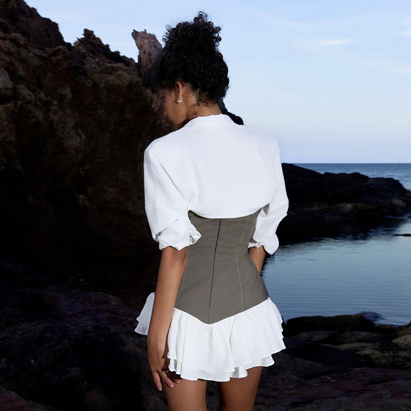 Contrast Color Waist-tight Fishbone Ruffled Stitching Tube Top Dress Suit