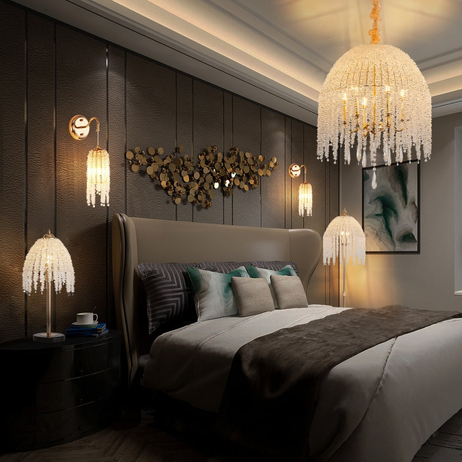 19inch H Elegant Crystal Table Lamp Vintage Waterfall Design With Crystal Bead String Shades And Marble Textured Base For Living Room, Bedroom, Or Office Bulb Not Included