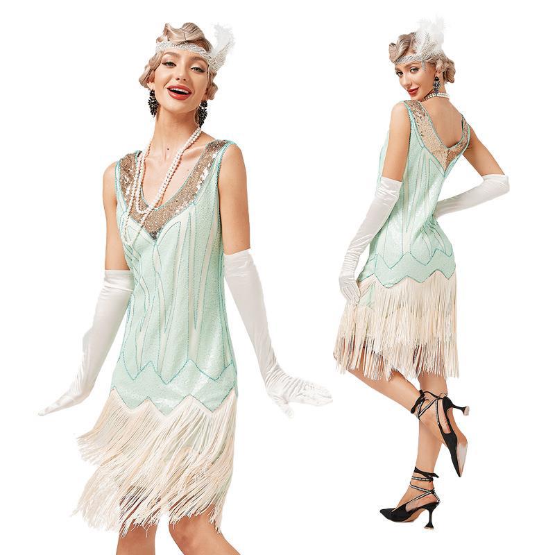 Retro V-Neck Double-Layered Tassel Gatsby Cocktail Ball Sequin Bead Dress