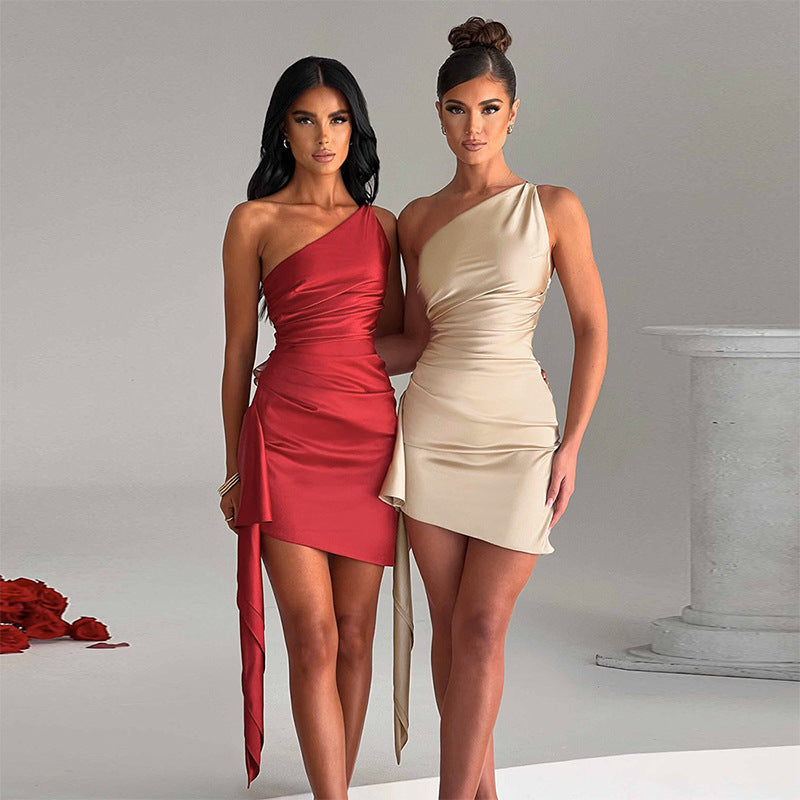 One-Shoulder Sleeveless Mini Dress Sexy Slim Backless Skirt Party Wedding Dresses Womens Clothing