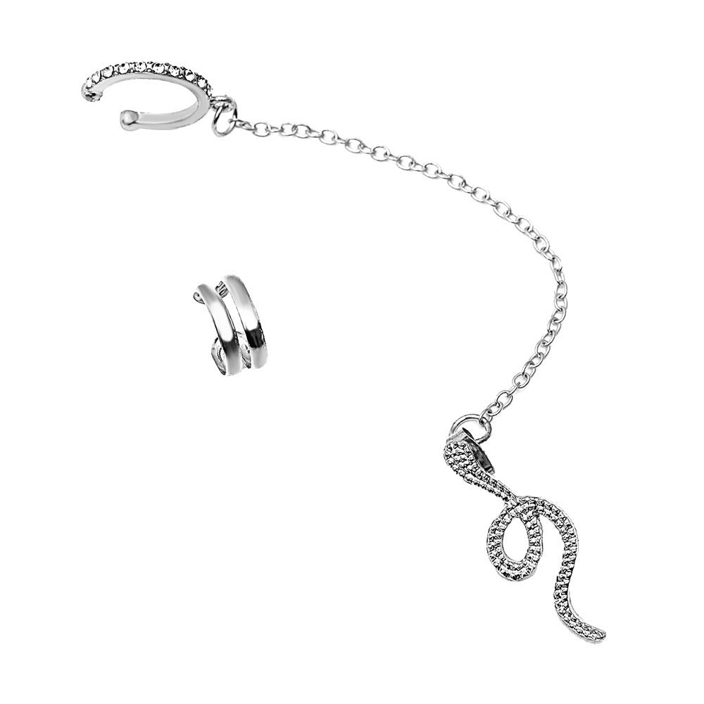 Snake-Shaped Chain Ear Clip Net Red Full Diamond Animal Earrings Female