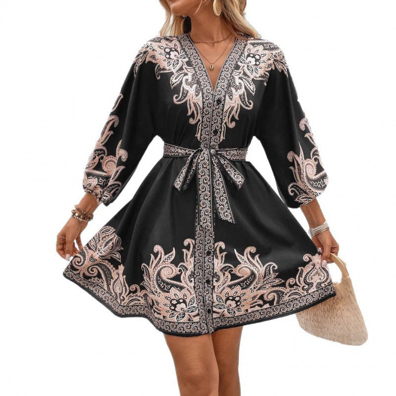 Women's V-Neck Lace-Up Waist Dress