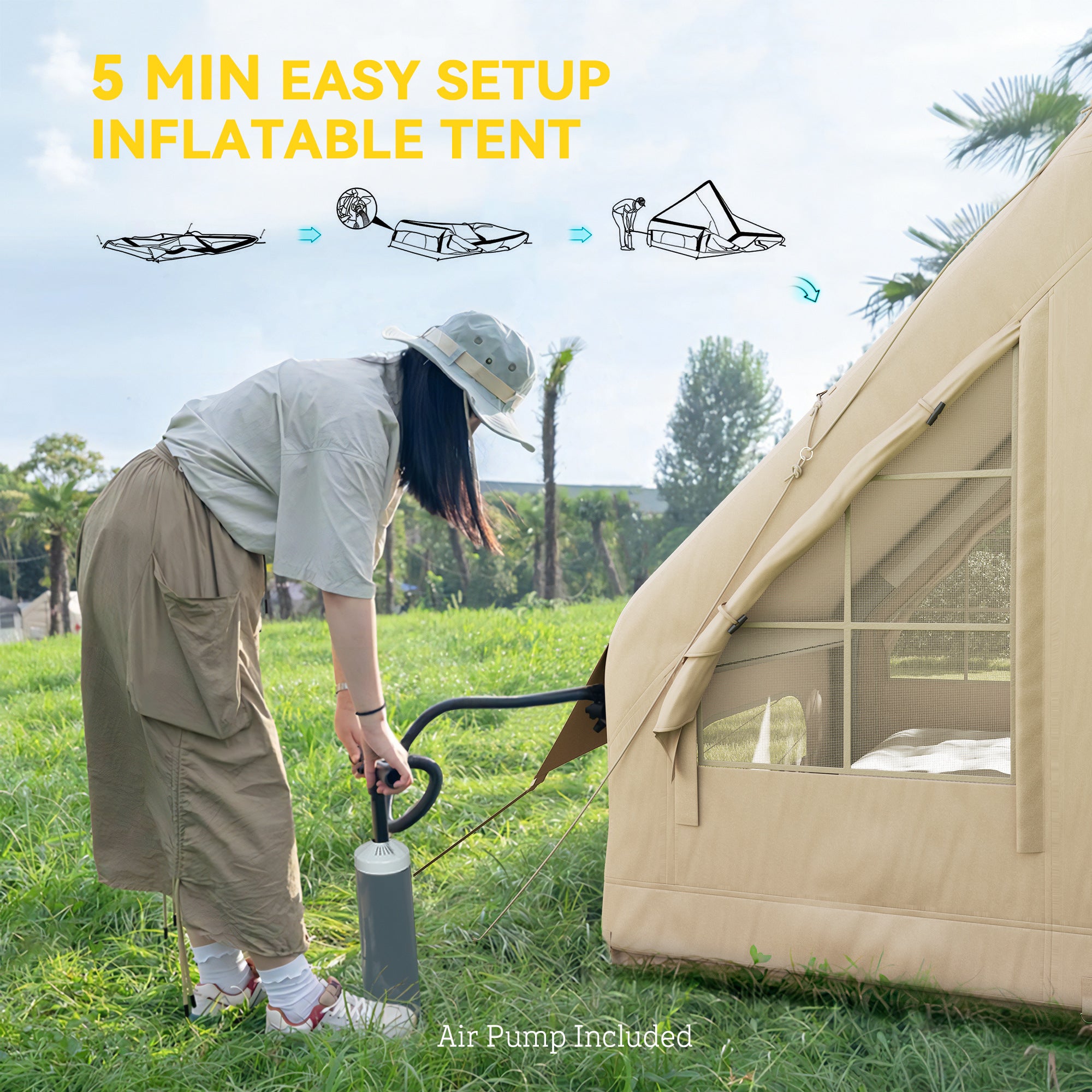 Inflatable Camping Tent With Hand Pump, 4 Season Blow Up Tent, Waterproof And Windproof With Mesh Windows And Doors
