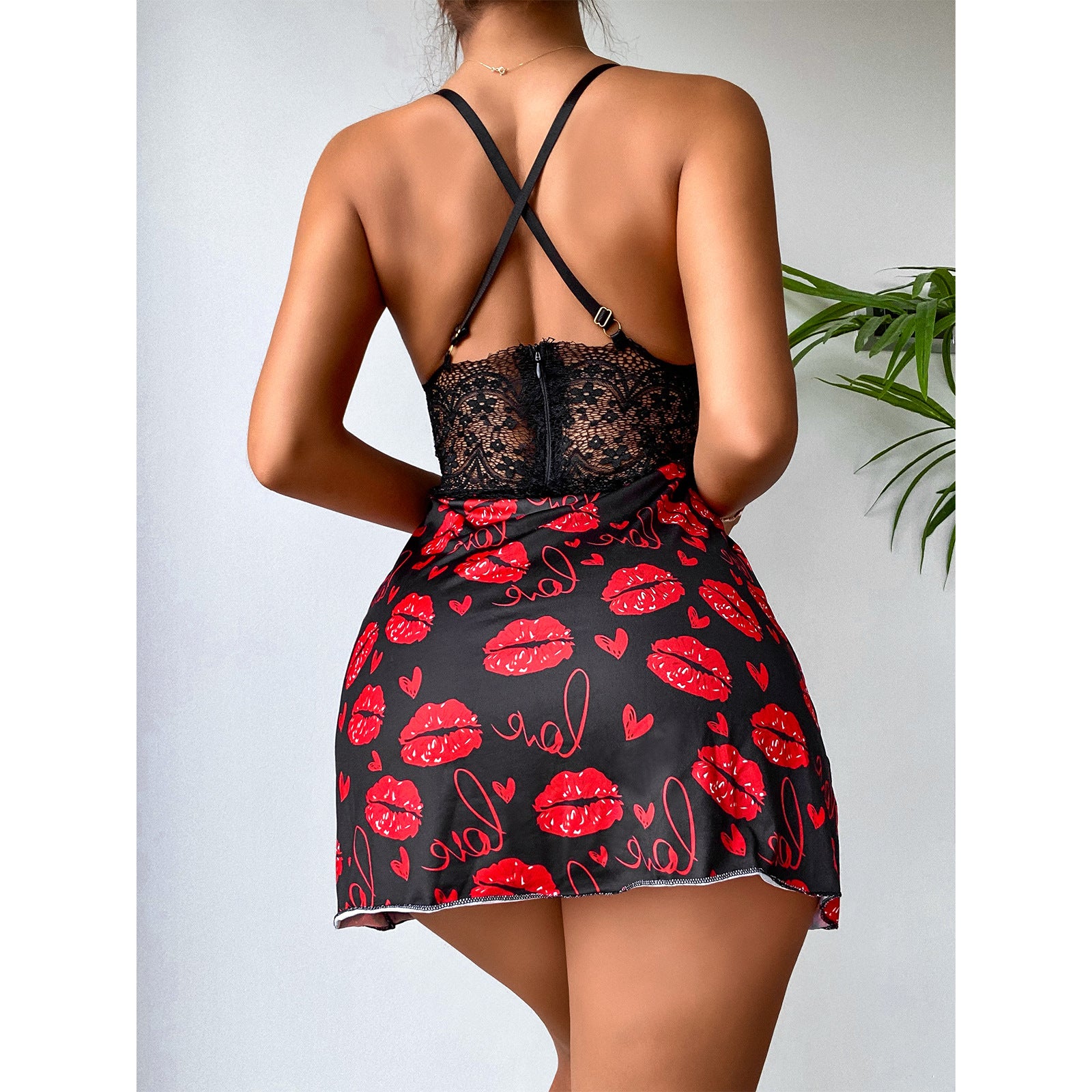 Slip Dress Lace Lips Print Pajama Skirt