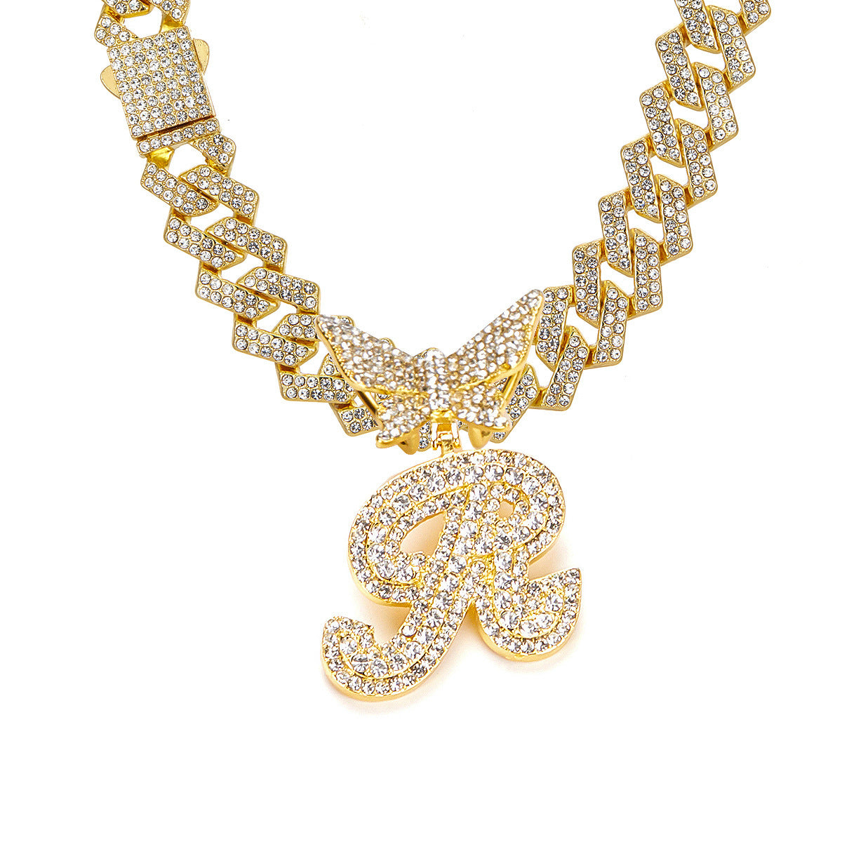 English Letter Alloy Rhinestone Pendant Necklace Butterfly