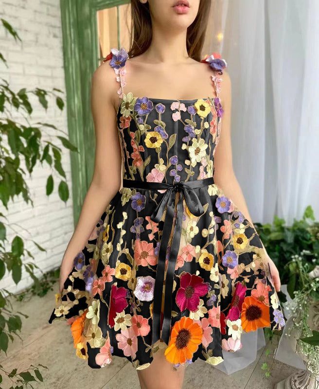 Three-Dimensional Flower Embroidery Dress Summer Fashion Sweet A-Line Suspender Dresses For Womens Clothing