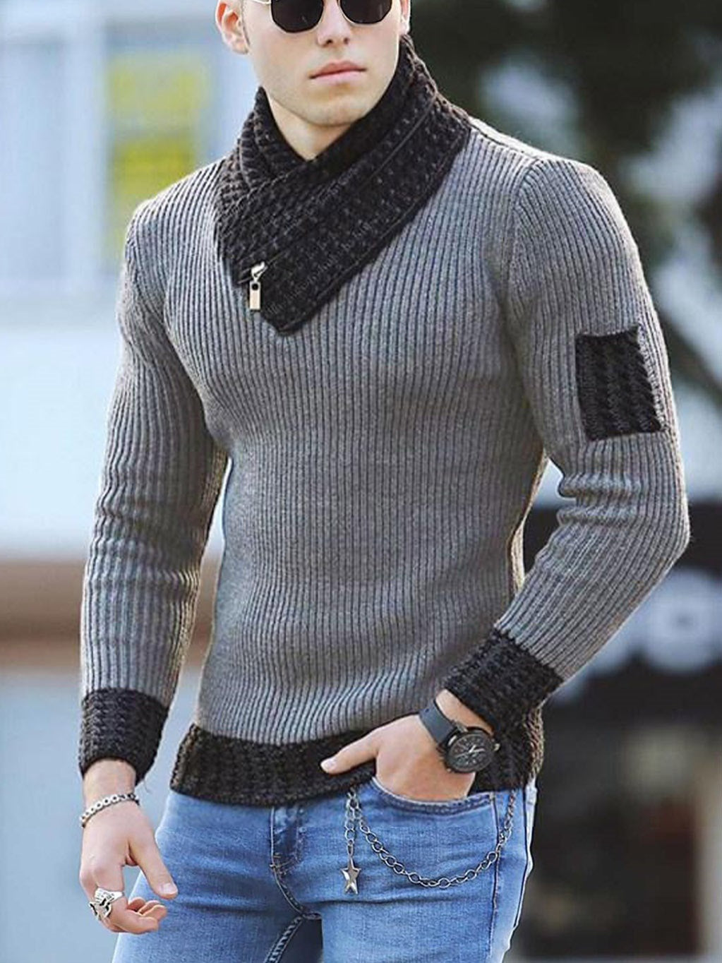 Independent Station Casual Slim Knit Pullover Long-Sleeved Scarf Collar Sweater Men's