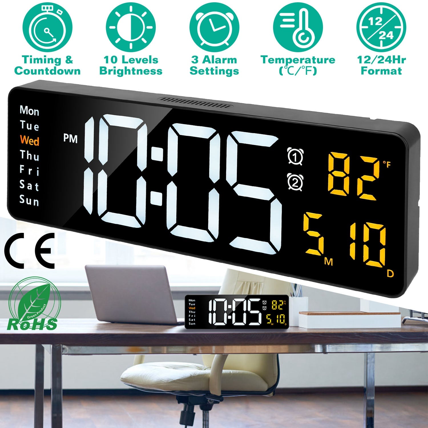 15.7in LED Digital Wall Clock With Remote Control 10 Level Brightness 3 Alarm Settings 12-24Hr Format Timing Countdown Temperature Calendar Display Decorative Clock For Office Home