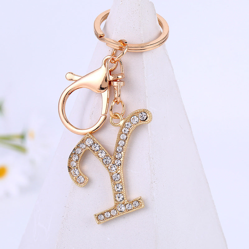 Metal Inlaid Diamond 26 English Letter Key Ring