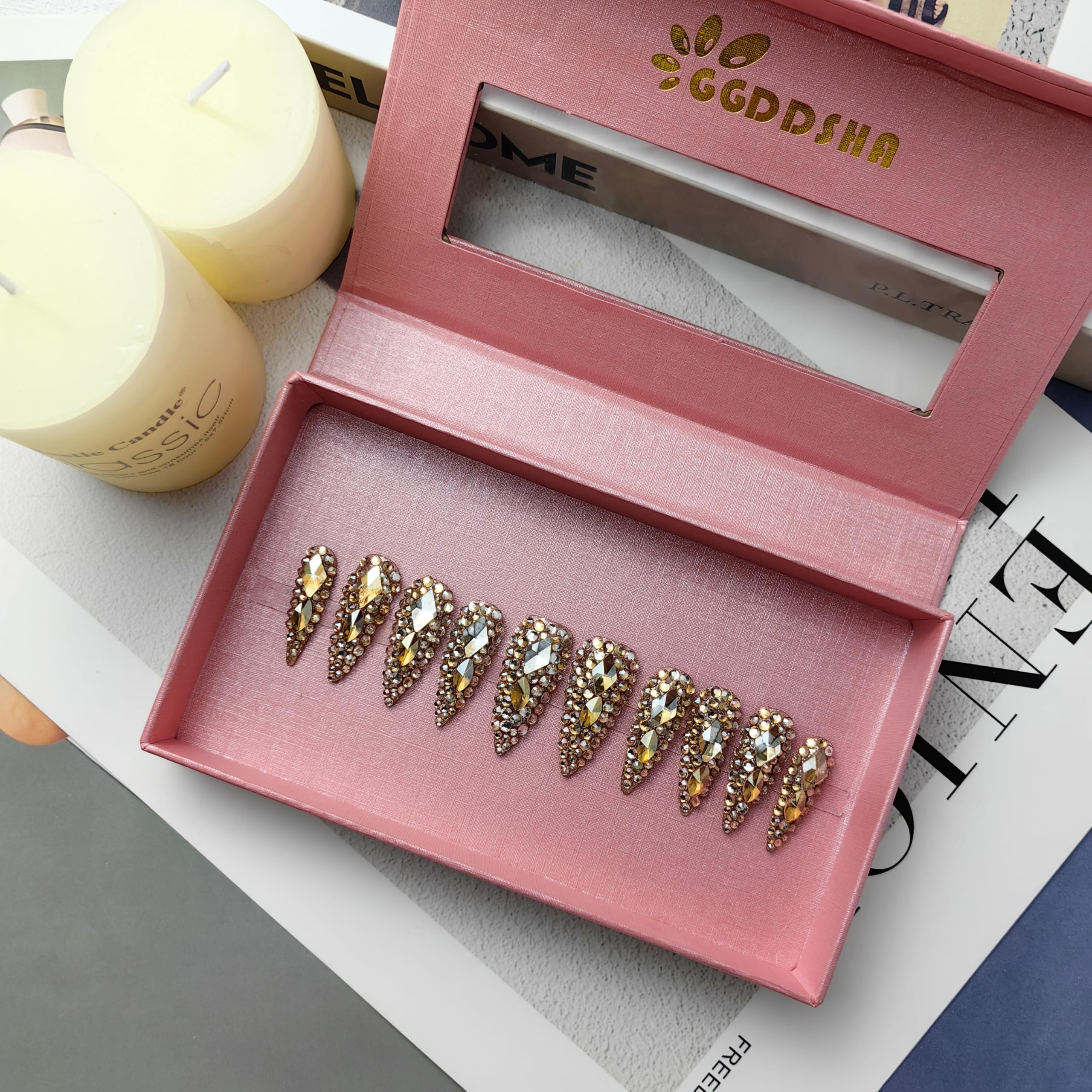 GGddsha Full Diamond Medium Almond Press On NailsReusable PMMA Acrylic Handmade Nails Full Deluxe 3DCrystal Fake Nails W Box Gift For Women,Crown Jewel