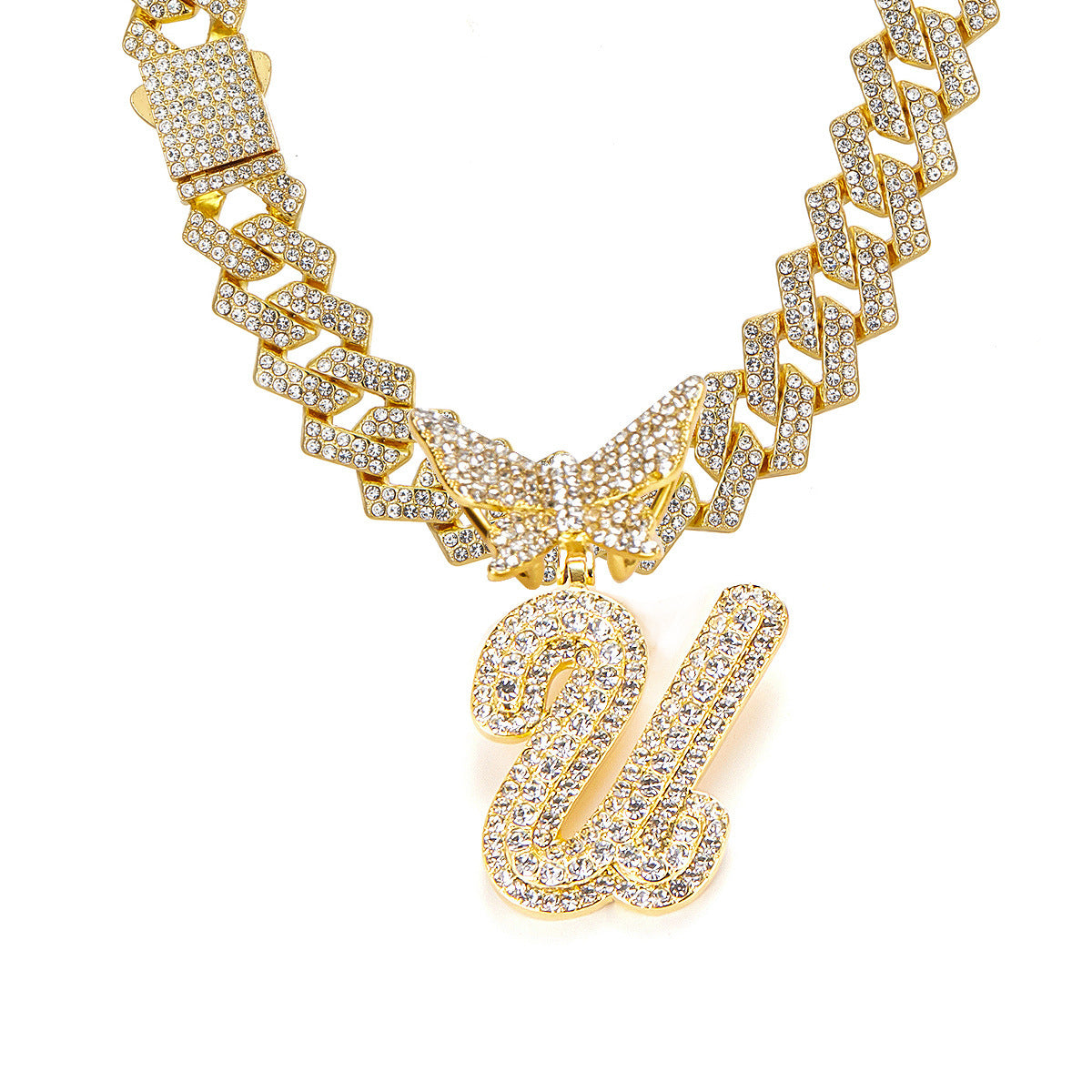 English Letter Alloy Rhinestone Pendant Necklace Butterfly