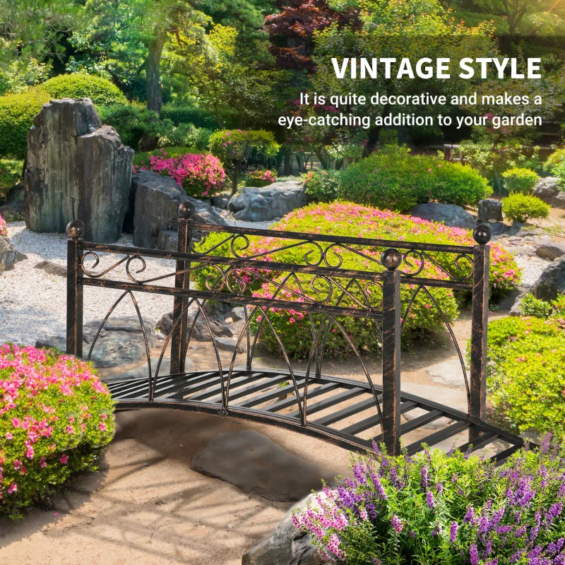 Metal Arch Zen Garden Bridge With Safety Siderails, Decorative Footbridge, Delicate Scrollwork & Corner Spheres For Stream, Fish Pond, Bronze