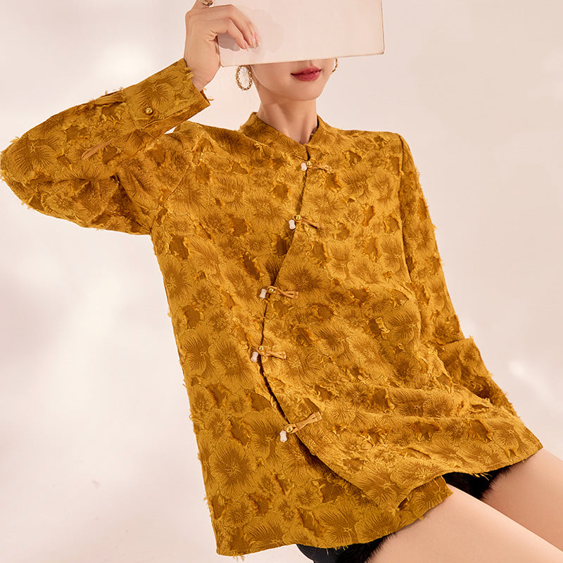 New Chinese Style Diagonal Buckle Design Sense Chinese Style Loose Show Temperament Shirt