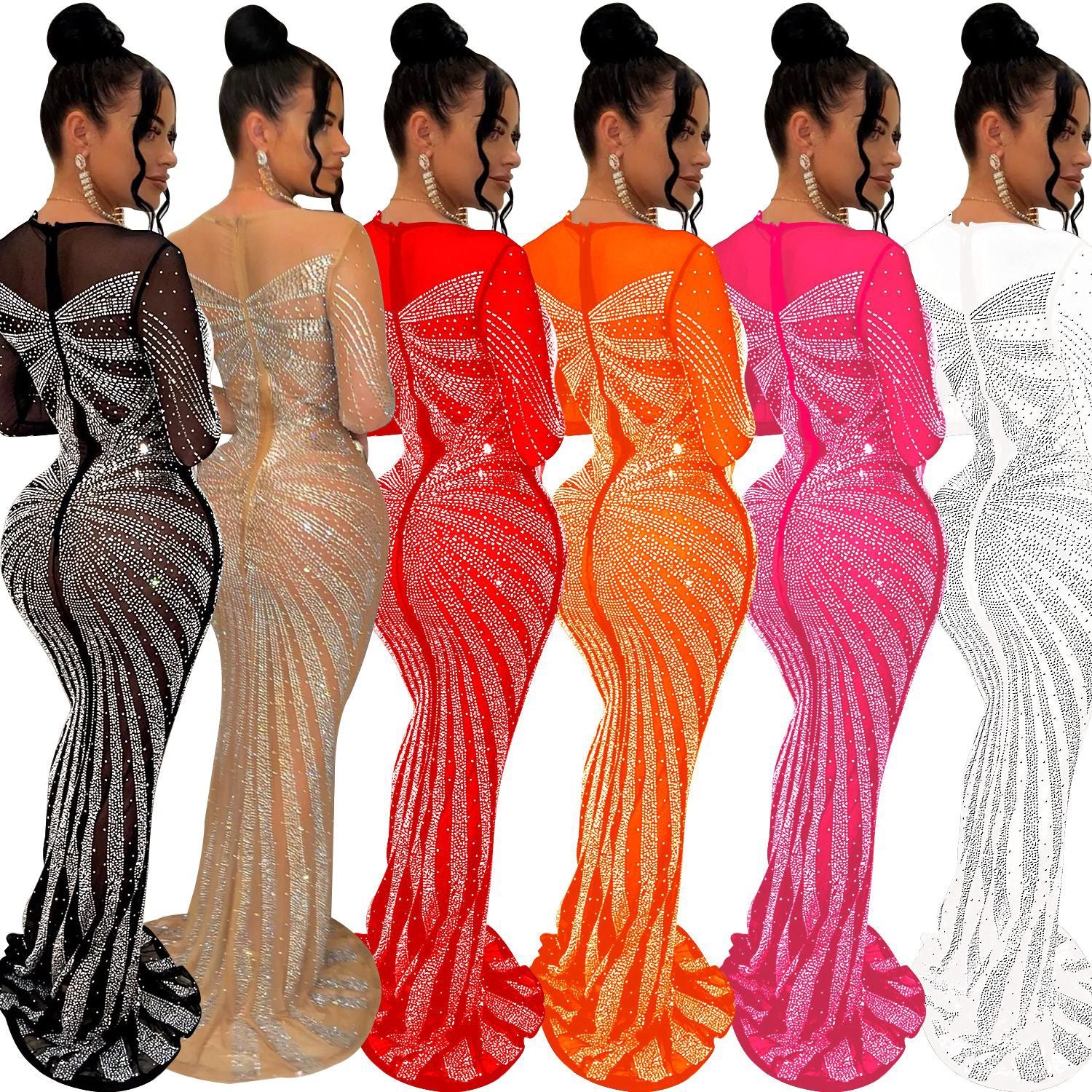 Women's Solid Color Mesh See-through Hot Drill Long-Sleeved Long Dress