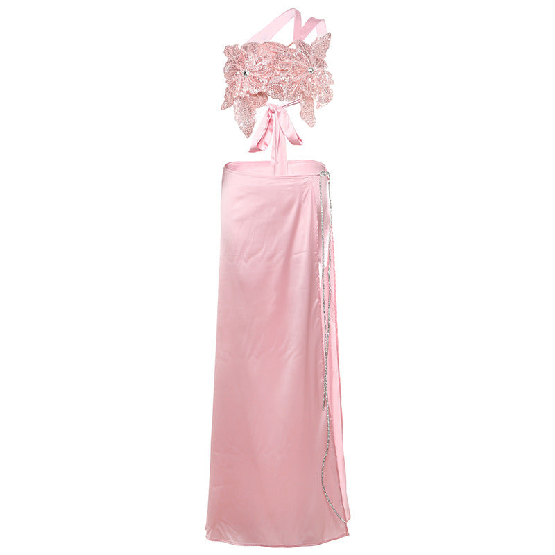 Backless Sequined Lace-Up Top Split Solid Skirt Suit