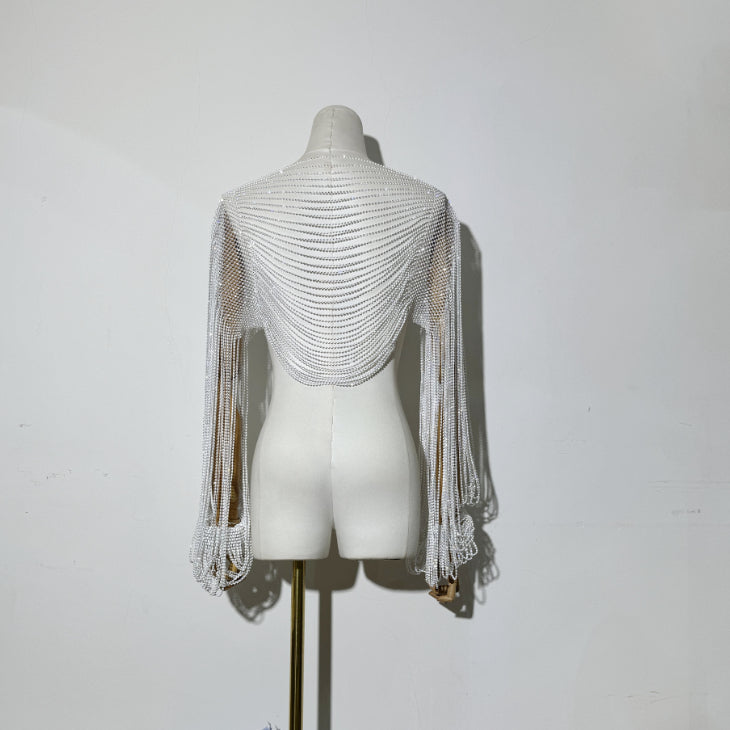 Diamond-Embellished Accessory Shawl Long-Sleeve Top