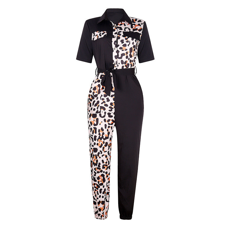 Casual Lapel Belt Printed Work Overalls