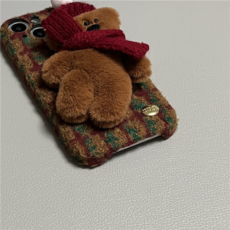 Autumn Winter Red Plush Plaid Hat Bear Drop-resistant Protection Mobile Phone Shell