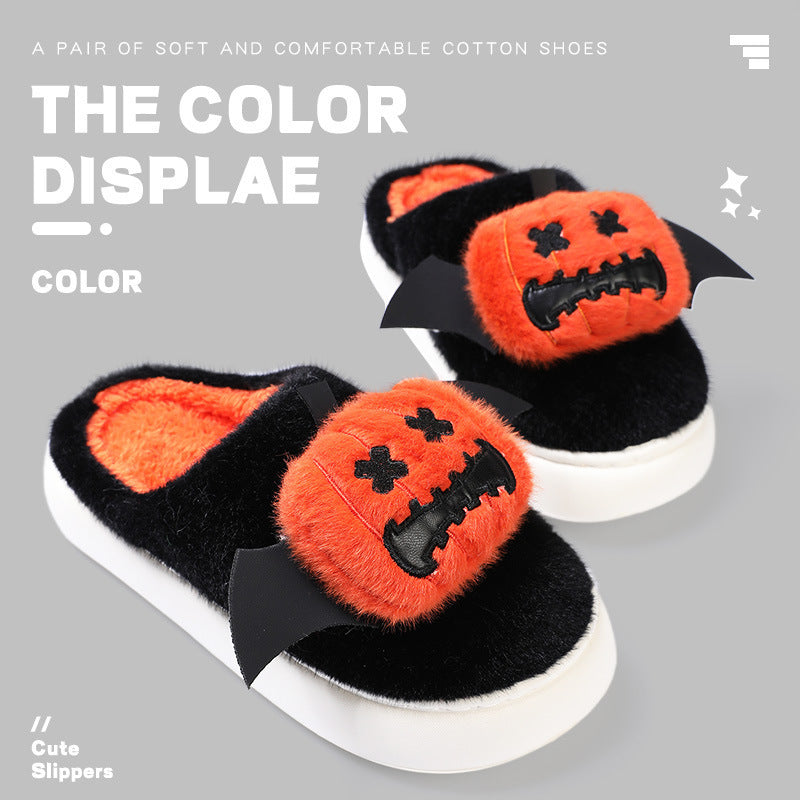 Halloween Cartoon Funny Pumpkin Slippers With Small Wings Design Indoor Non-Slip Bedroom Floor Cotton Slipper Winter House Shoes Couple