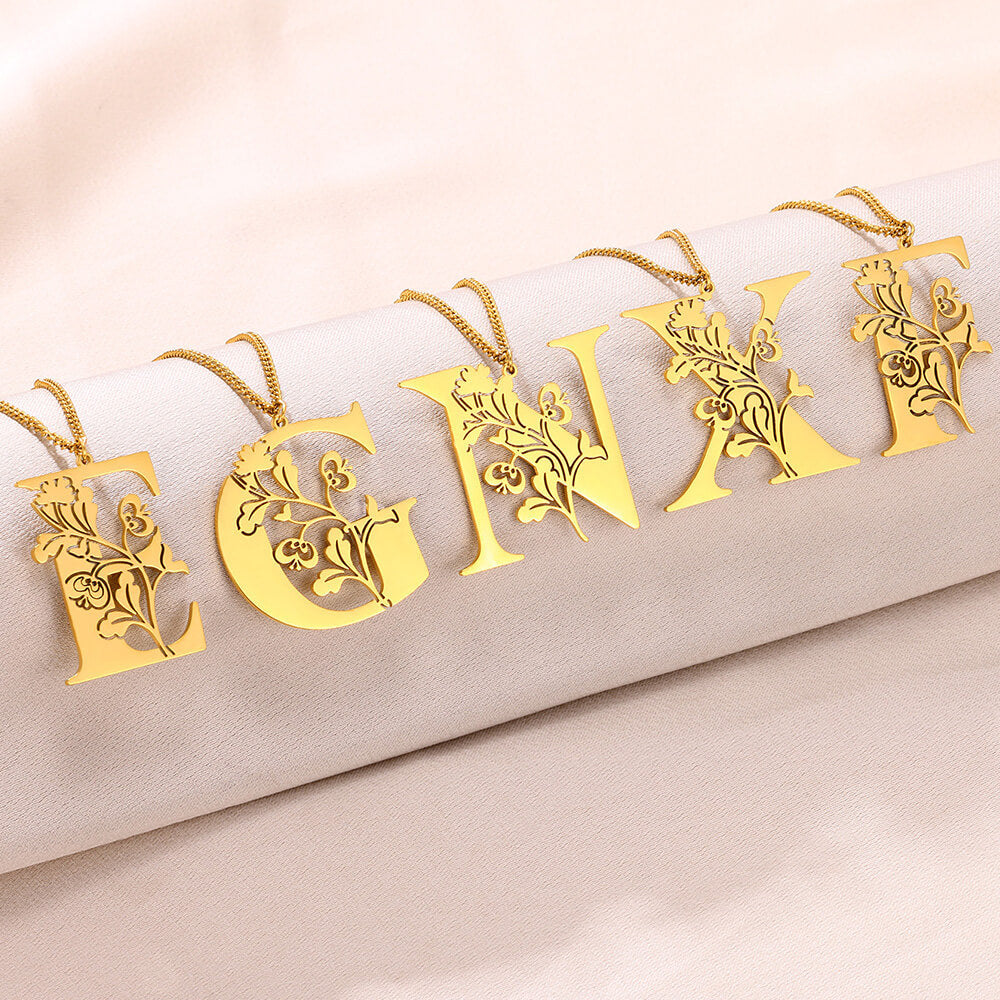 Stainless Steel 26 English Flower Letter Necklace