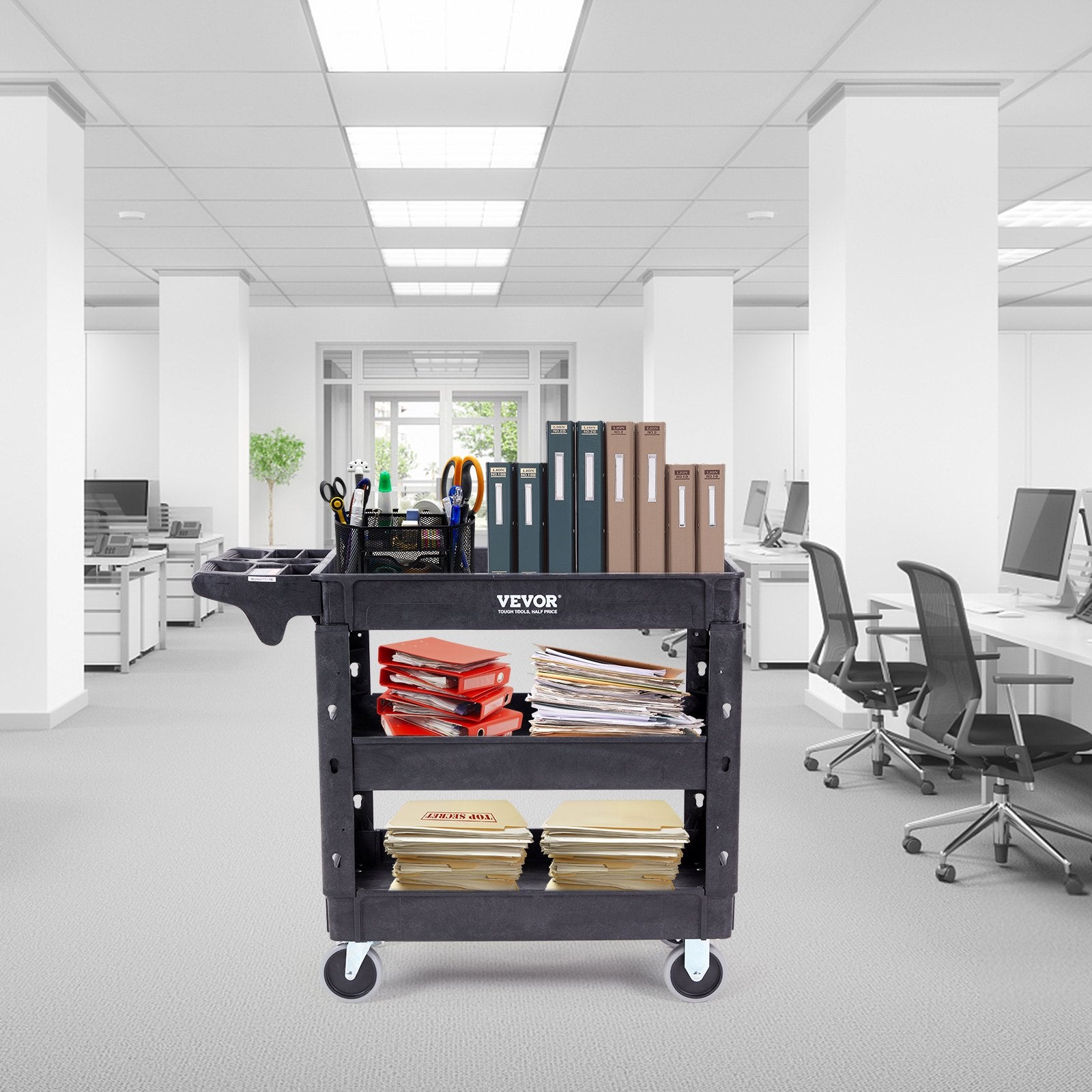 Utility Service Cart, 3 Shelf 550LBS Heavy Duty Plastic Rolling Utility Cart With 360 Swivel Wheels