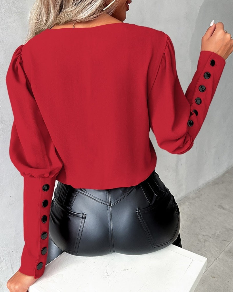 Fashion V-Neck Long Sleeve Blouse With Button Design Commuter Leisure Solid Shirt Top Womens Clothing