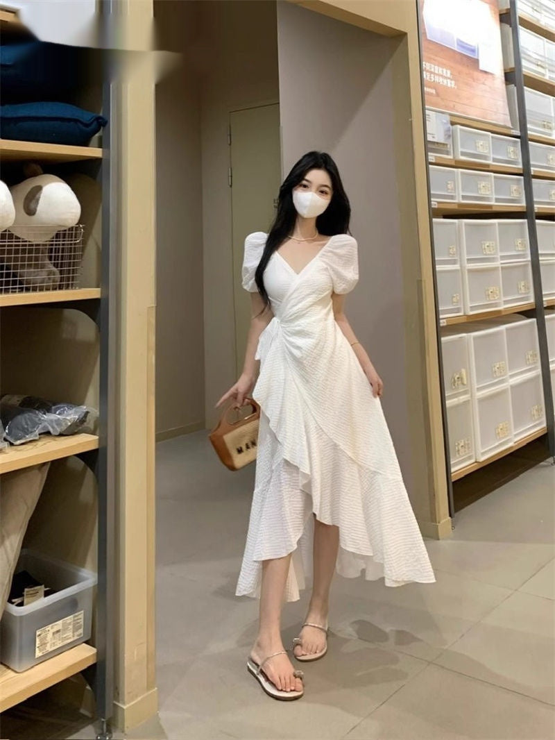 V-Neck Dress Degrees Women's Waist Irregular Ruffled