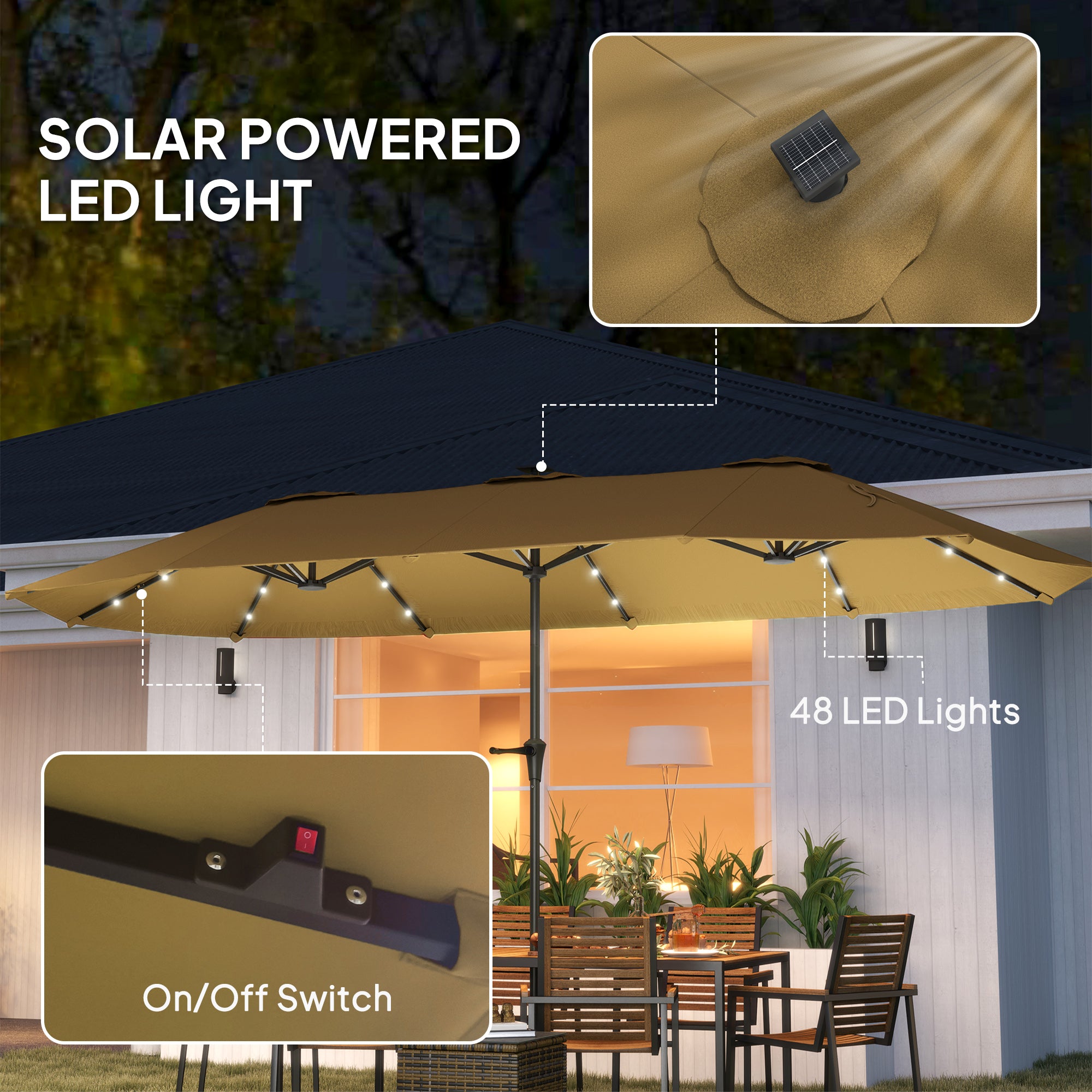 13ft Double-Sided Market Umbrella, Large Patio Umbrella with Solar Lights, Crank Handle for Garden, Pool, Yard, Khaki