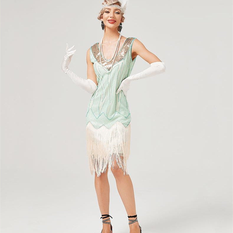 Retro V-Neck Double-Layered Tassel Gatsby Cocktail Ball Sequin Bead Dress