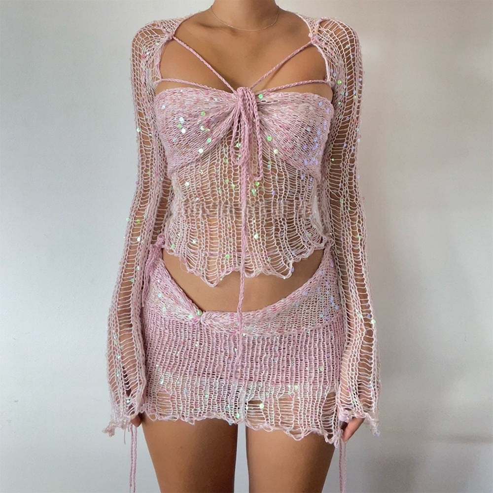 Women's Knitted Sweater Three-Piece Set Suit