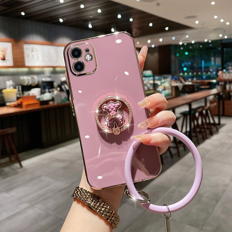 Electroplated Rhinestone Round Bracket Bear Cute High-level Luxury Protective Cover All-Inclusive Anti-Fall Soft Shell